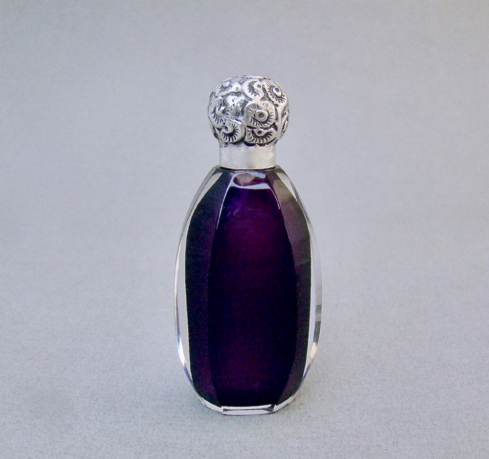 EXQUISITE EDWARDIAN SILVER AND AMETHYST GLASS SCENT BOTTLE BY CHARLES MAY, BIRMINGHAM 1901