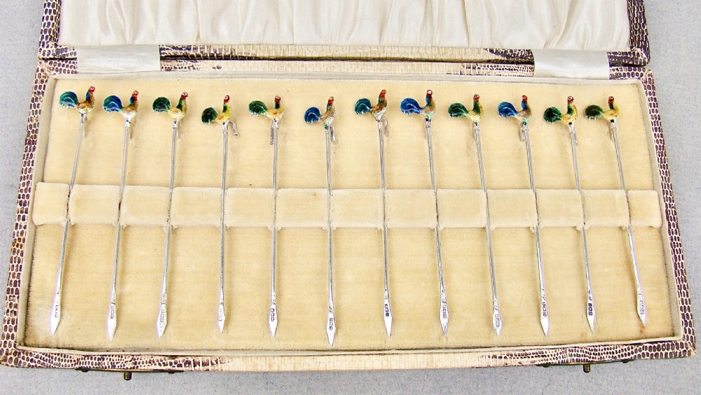 RARE ART DECO CASED SET OF TWELVE  SILVER ENAMELLED COCKEREL COCKTAIL STICKS BY A. SCOTT, BIRMINGHAM 1928