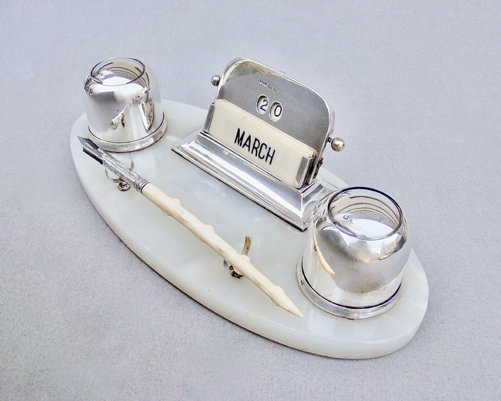 FABULOUS ART DECO SILVER DESK INKSTAND & PERPETUAL CALENDAR BY THE WILMOT MANUFACTURING CO, BIRMINGHAM 1923 View X