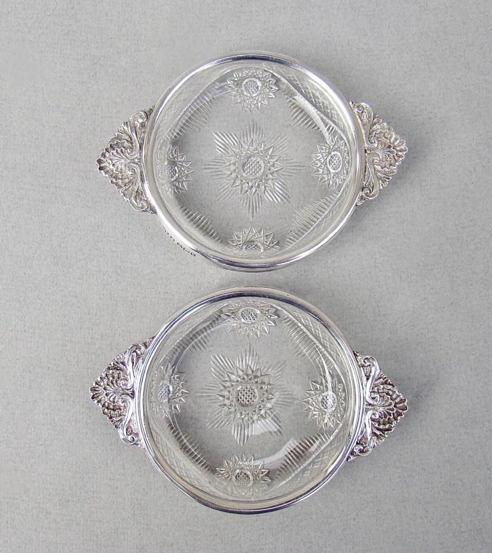 PAIR OF VICTORIAN  SILVER & CUT GLASS PICKLE DISHES BY ROBERTS & BELKS, SHEFFIELD 1896