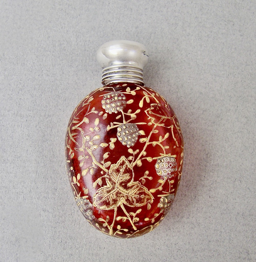 VICTORIAN SILVER MOUNTED MOSER CRANBERRY GLASS SMALL SCENT BOTTLE, BY G WALTON, BIRMINGHAM 1876