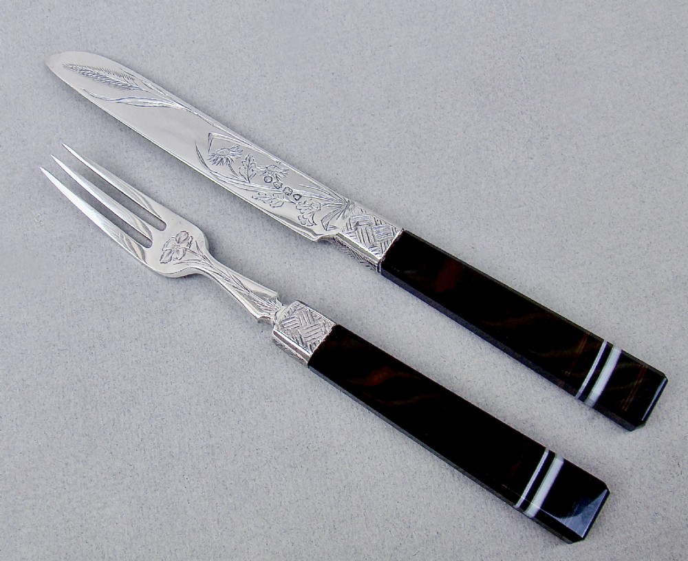 VICTORIAN AESTHETIC MOVEMENT SILVER & BANDED AGATE  KNIFE AND FORK SET BY WALTER & JOHN BARNARD, LONDON 1881