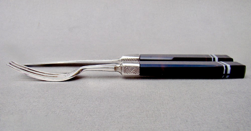 VICTORIAN AESTHETIC MOVEMENT SILVER & BANDED AGATE  KNIFE AND FORK SET BY WALTER & JOHN BARNARD, LONDON 1881 View VII