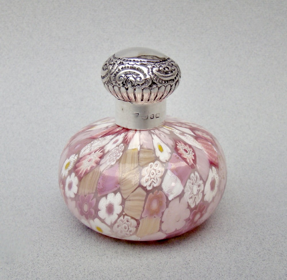 DELIGHTFUL VICTORIAN SILVER MOUNTED MILLEFIORI GLASS SCENT BOTTLE, BIRMINGHAM 1899