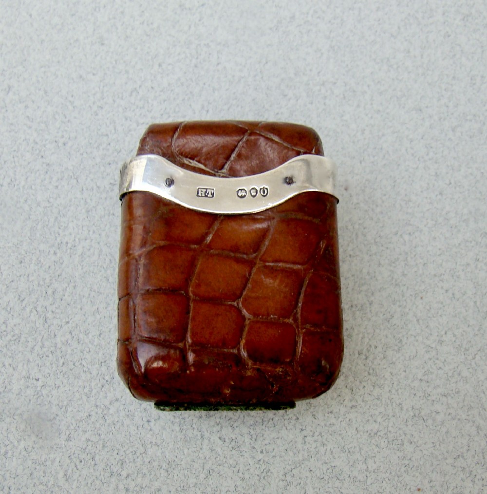 RARE VICTORIAN SILVER MOUNTED CROCODILE SKIN VESTA CASE BY HARRIET THOMSON, BIRMINGHAM 1863
