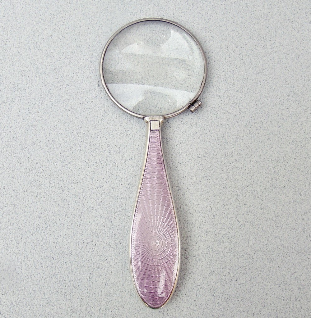 ART DECO SILVER & GUILLOCHE ENAMEL MAGNIFYING GLASS BY THE ADIE BROTHERS, BIRMINGHAM 1937