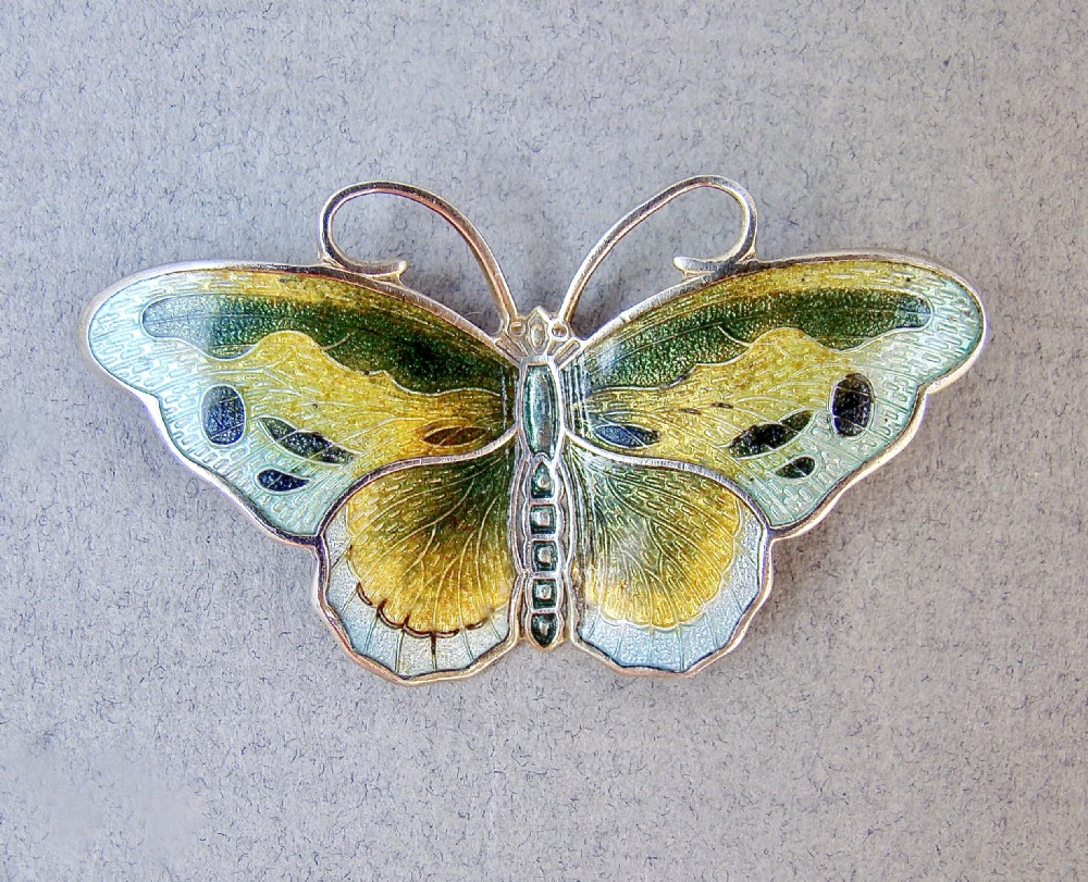 FABULOUS SCANDINAVIAN GUILLOCHE ENAMEL & STERLING SILVER BUTTERFLY BROOCH, C 1950