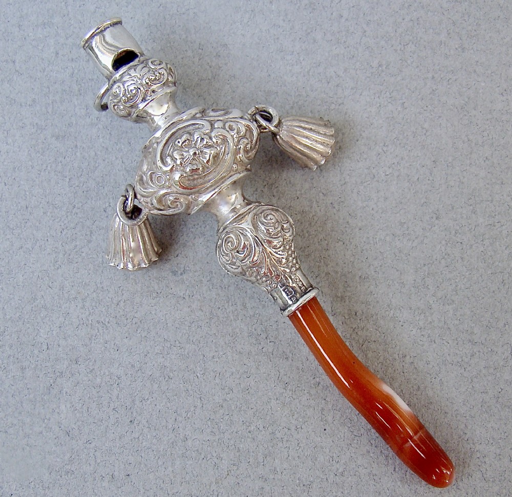 EXQUISITE VICTORIAN SILVER & CORAL BABY RATTLE BY CRISFORD & NORRIS, BIRMINGHAM 1900