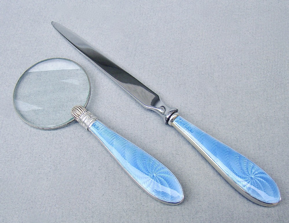 SILVER & GUILLOCHE ENAMEL MAGNIFYING GLASS & LETTER OPENER BY BROADWAY & CO, BIRMINGHAM 1929