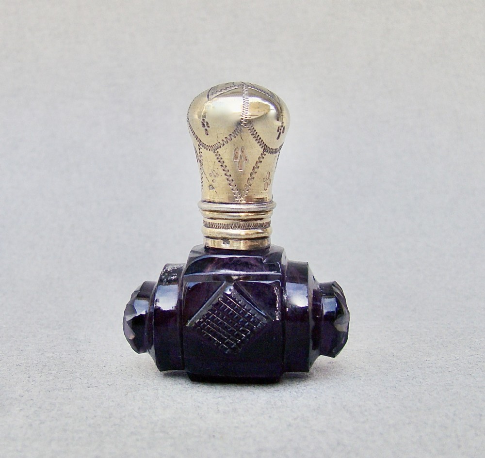 RARE 19TH C. FRENCH SILVER GILT MINIATURE AMETHYST GLASS SCENT BOTTLE, CIRCA 1880