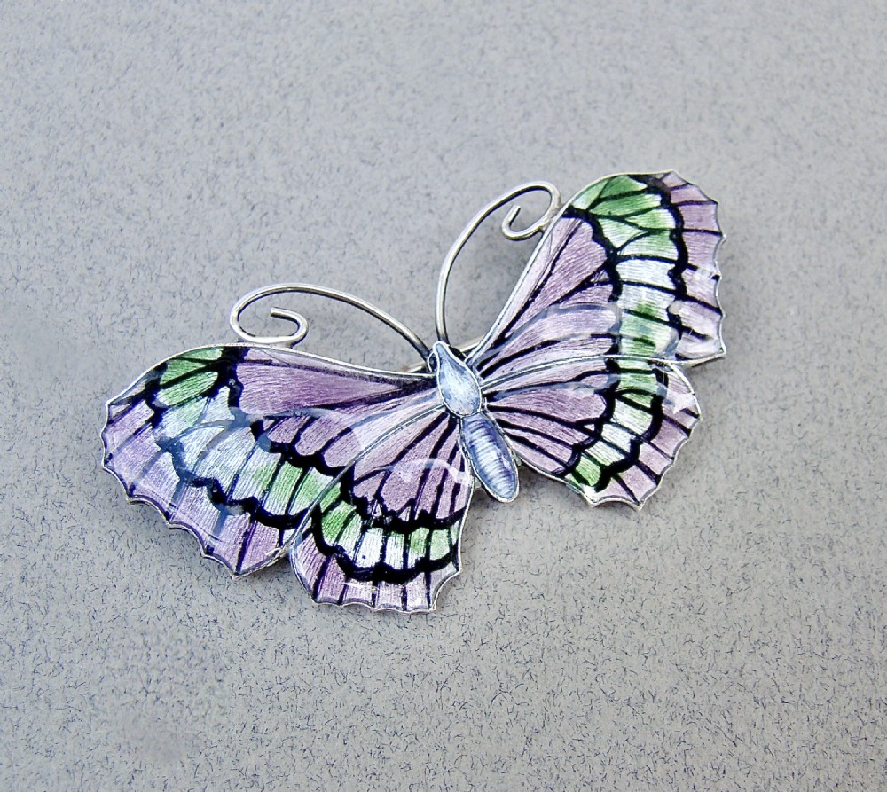 FABULOUS LARGE ART NOUVEAU SILVER & GUILLOCHE ENAMEL BUTTERFLY BROOCH BY JOHN ATKINS, CIRCA 1910