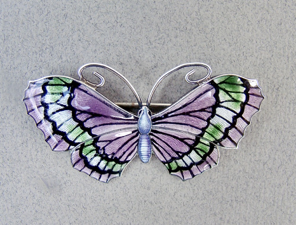 FABULOUS LARGE ART NOUVEAU SILVER & GUILLOCHE ENAMEL BUTTERFLY BROOCH BY JOHN ATKINS, CIRCA 1910 View II