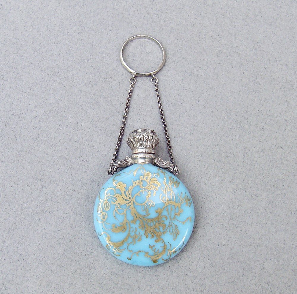 RARE FRENCH SILVER & OPALINE GLASS CHATELAINE SCENT BOTTLE, CIRCA 1880