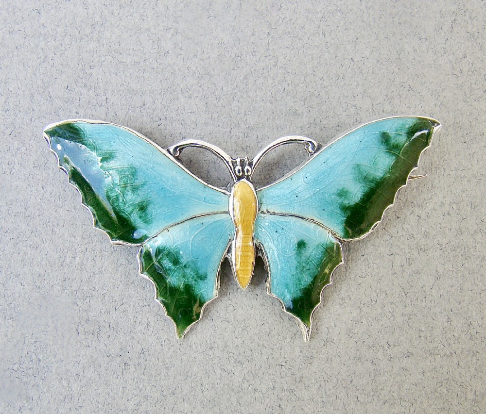 SUPERB SCANDINAVIAN STERLING SILVER & GUILLOCHE ENAMEL BUTTERFLY BROOCH, CIRCA 1930
