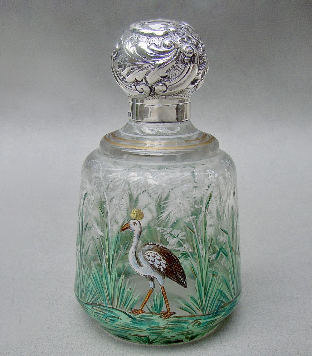 FABULOUS VICTORIAN SILVER MOUNTED ENAMELLED GLASS SCENT BOTTLE BY JAMES FENTON, LONDON 1896