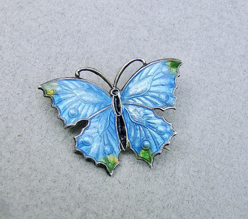 EXQUISITE STERLING SILVER & GUILLOCHE ENAMEL BUTTERFLY BROOCH, CIRCA 1910