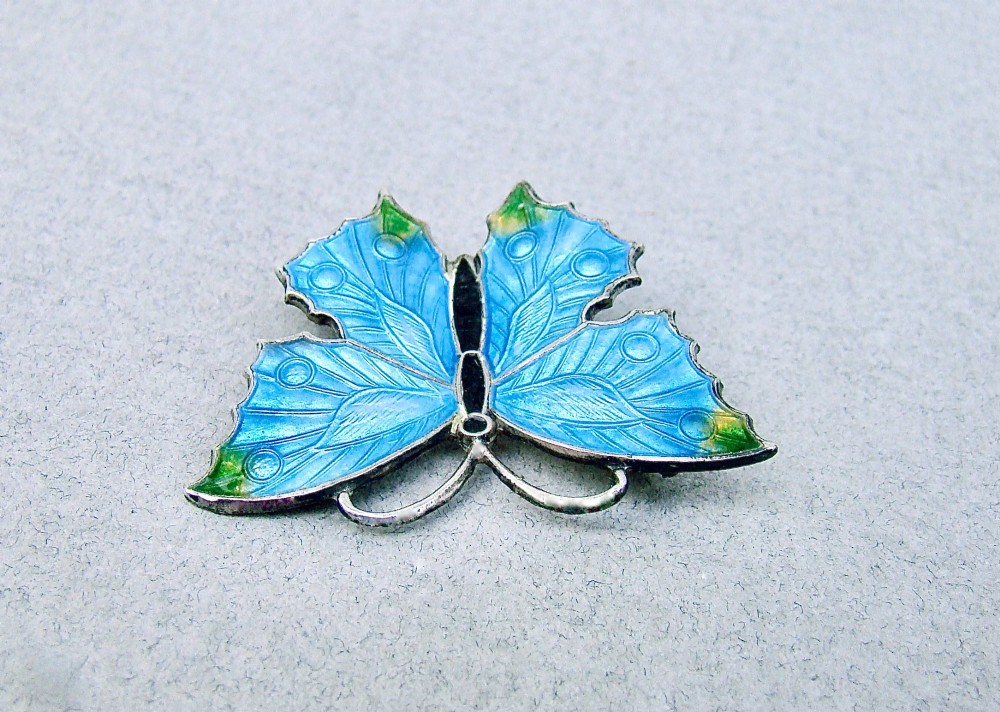 EXQUISITE STERLING SILVER & GUILLOCHE ENAMEL BUTTERFLY BROOCH, CIRCA 1910 View V