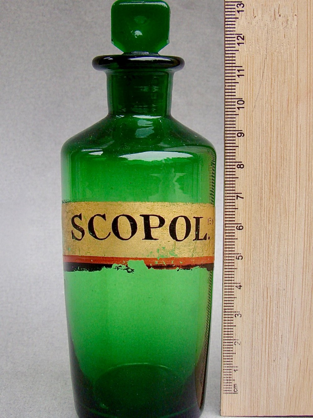 A pair of late Victorian cylindrical Bristol green glass apothecary bottles with ground stoppers and gilt-painted labels. View II