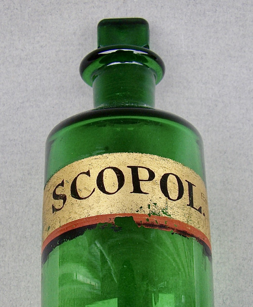 A pair of late Victorian cylindrical Bristol green glass apothecary bottles with ground stoppers and gilt-painted labels. View VIII