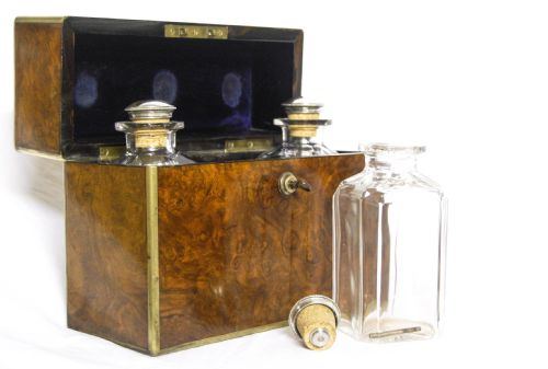 fig 1. Late Victorian Burr Walnut and Brass Decanter Set with Bramah Lock. Circa 1880