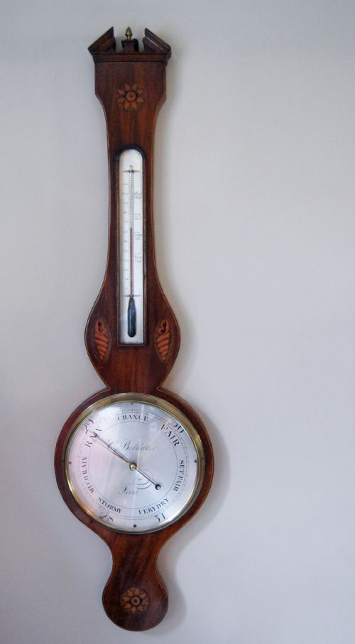 Regency Period Mahogany & Satinwood Wheel or Banjo Barometer by C. Bellatti