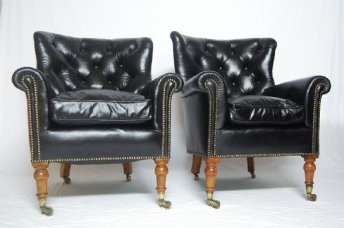 A Rare Pair of Early Victorian Bergere Library Chairs by Holland & Sons