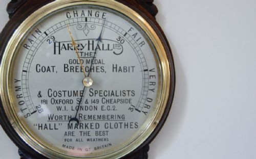 fig 1. Art Deco Period Carved Oak Aneroid Wheel Barometer with Dial Advertisement for Harry Hall, London