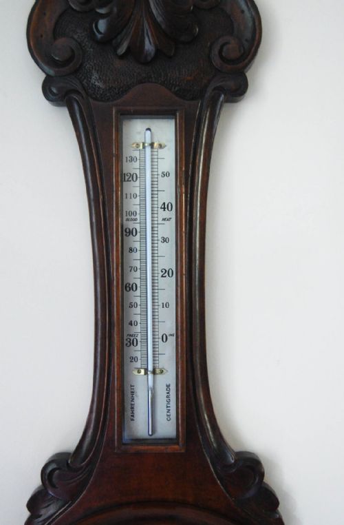 fig 3. Art Deco Period Carved Oak Aneroid Wheel Barometer with Dial Advertisement for Harry Hall, London