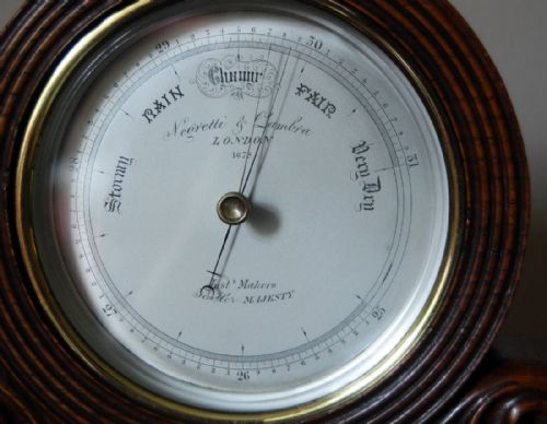 fig 1. Early Victorian Brass Cased Desk Aneroid Barometer by Negretti & Zambra in Carved Oak Case