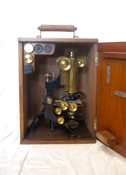 fig 1. Edwardian Cased Royal Model Microscope by W Watson & Sons, High Holborn, London.