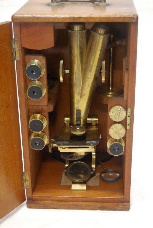 Victorian Cased Binocular Microscope by H&w Crouch of 64a Bishopsgate St, London