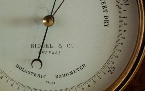 fig 1. Victorian Walnut Cased Miniature Wheel Barometer by Riddel & Co Belfast