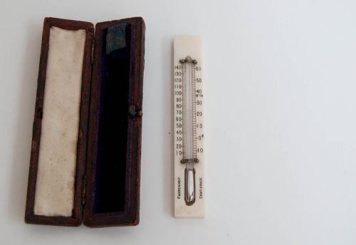 fig 1. Small Edwardian Leather Cased Travelling Thermometer by WE Pain of Cambridge