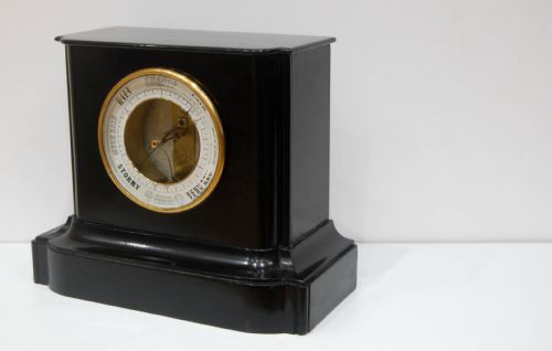fig 3. Early Bourdon Aneroid Mantel Barometer in Ebonised Wood Case