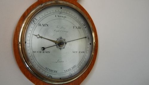 fig 2. George III Period Satinwood Wheel Barometer by James Long, Royal Exchange, London.
