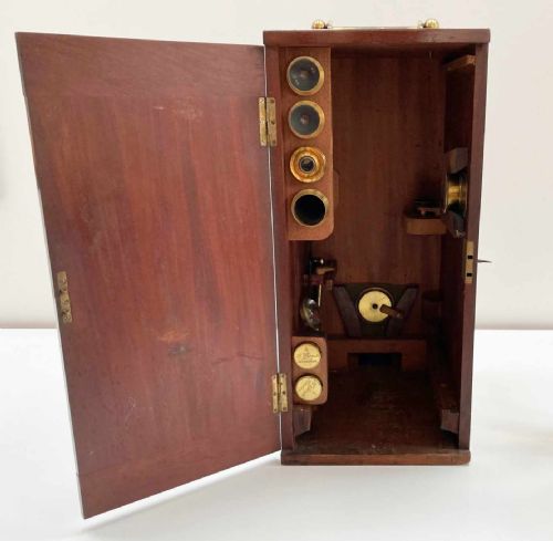 fig 4. Rare Victorian Cased Premiere Model Binocular Microscope by Henry Crouch London