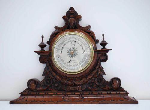 Large Victorian Aneroid Barometer in Carved Walnut Display by James Pitkin London