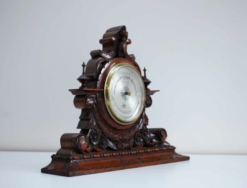 fig 3. Large Victorian Aneroid Barometer in Carved Walnut Display by James Pitkin London