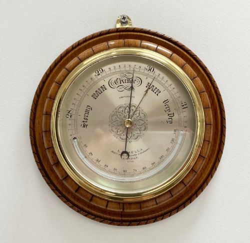 Mid Victorian Oak & Brass Cased Aneroid Barometer by Louis Casella London