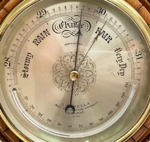 fig 5. Mid Victorian Oak & Brass Cased Aneroid Barometer by Louis Casella London