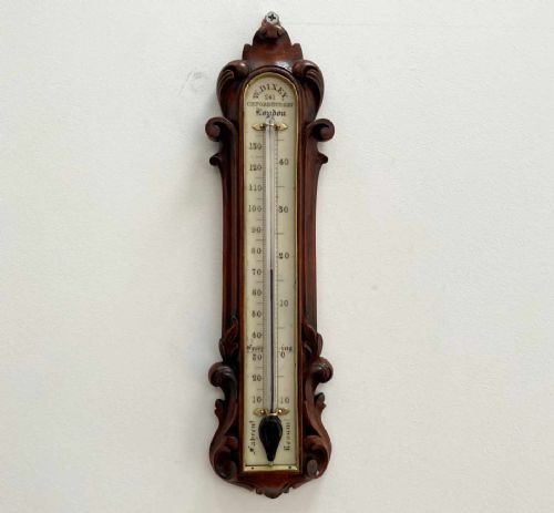 Victorian Carved Walnut Wall Thermometer by William Dixey of 241 Oxford Street London