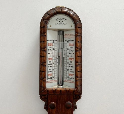 VICTORIAN CARVED OAK ADMIRAL FITZROY STORM BAROMETER BY J HICKS OF LONDON - ADDITIONAL PHOTO 1