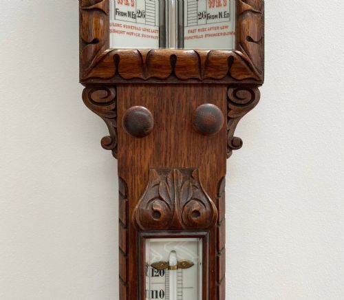 VICTORIAN CARVED OAK ADMIRAL FITZROY STORM BAROMETER BY J HICKS OF LONDON - ADDITIONAL PHOTO 2
