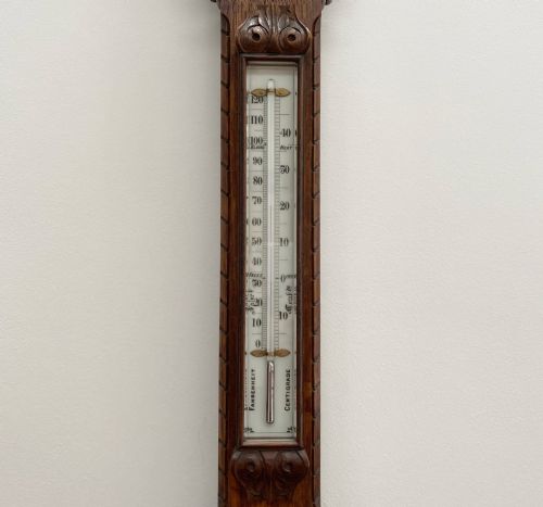 VICTORIAN CARVED OAK ADMIRAL FITZROY STORM BAROMETER BY J HICKS OF LONDON - ADDITIONAL PHOTO 3