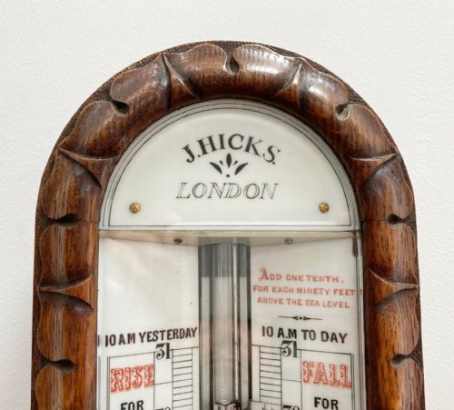 VICTORIAN CARVED OAK ADMIRAL FITZROY STORM BAROMETER BY J HICKS OF LONDON - ADDITIONAL PHOTO 6