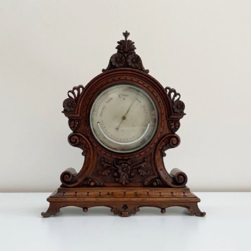 Mid-victorian Aneroid Barometer in Carved Oak Case by J Hicks London