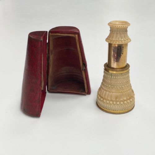 fig 2. Carved Ivory Monocular with Morocco Leather Case by Abraham of Bath