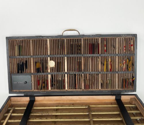 fig 1. An open early twentieth-century black wooden box featuring internal compartments with miniature signal flags and upright brass masts displaying colourful painted flags.