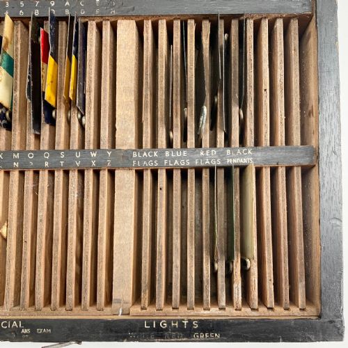 fig 5. An open early twentieth-century black wooden box featuring internal compartments with miniature signal flags and upright brass masts displaying colourful painted flags.