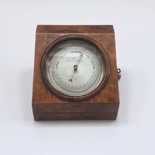 Early Victorian Desk Aneroid Barometer in Burr Walnut Case by Cw Dixey London